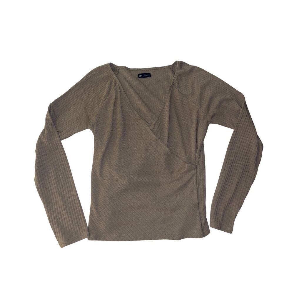 Gap Taupe Rib Long Sleeve Fitted Wrap Top Blouse Size Large Casual Streetwear